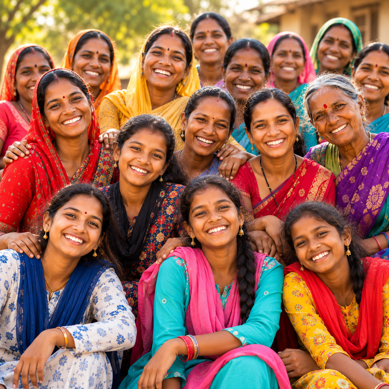 Indian women and girls smiling together in a circle, symbolizing unity, empowerment, confidence, and community support through Dipti Foundation.